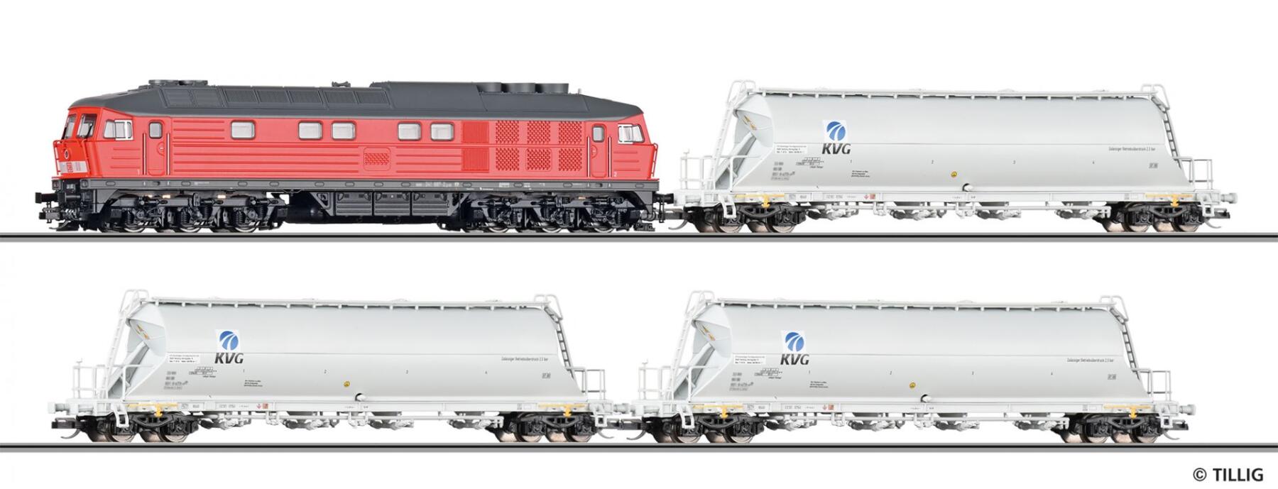 Tillig 01503 TT Premium-Einsteiger-Set: Güterzug der DB AG bestehend aus Diesellokomotive BR 232 und drei Staubbehälterwagen Uacs