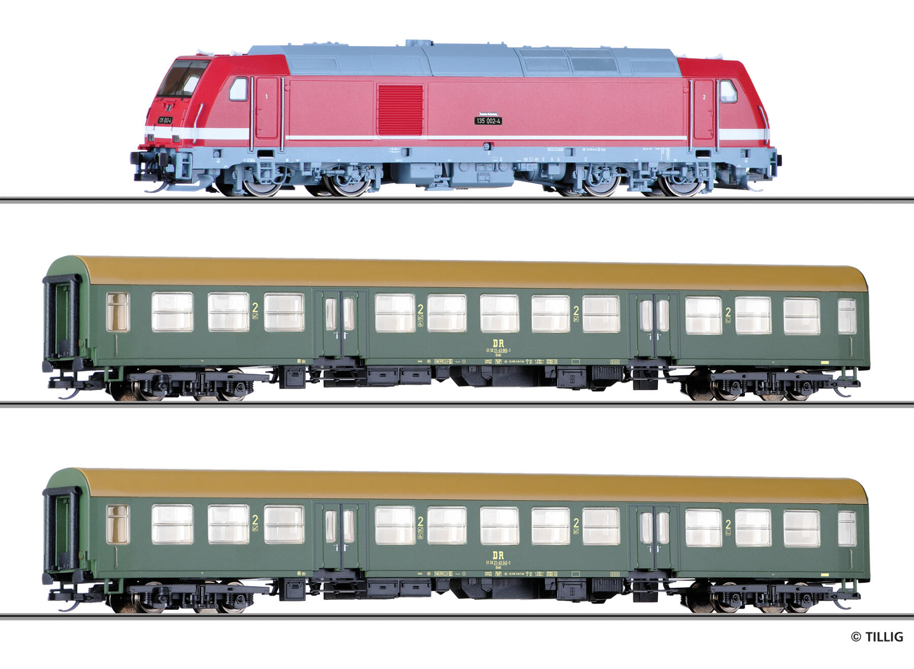 Tillig 01504 TT Einsteiger-Set: Reisezug der DR, bestehend aus Diesellokomotive „TRAXX“ und zwei Reisezugwagen 2. Klasse