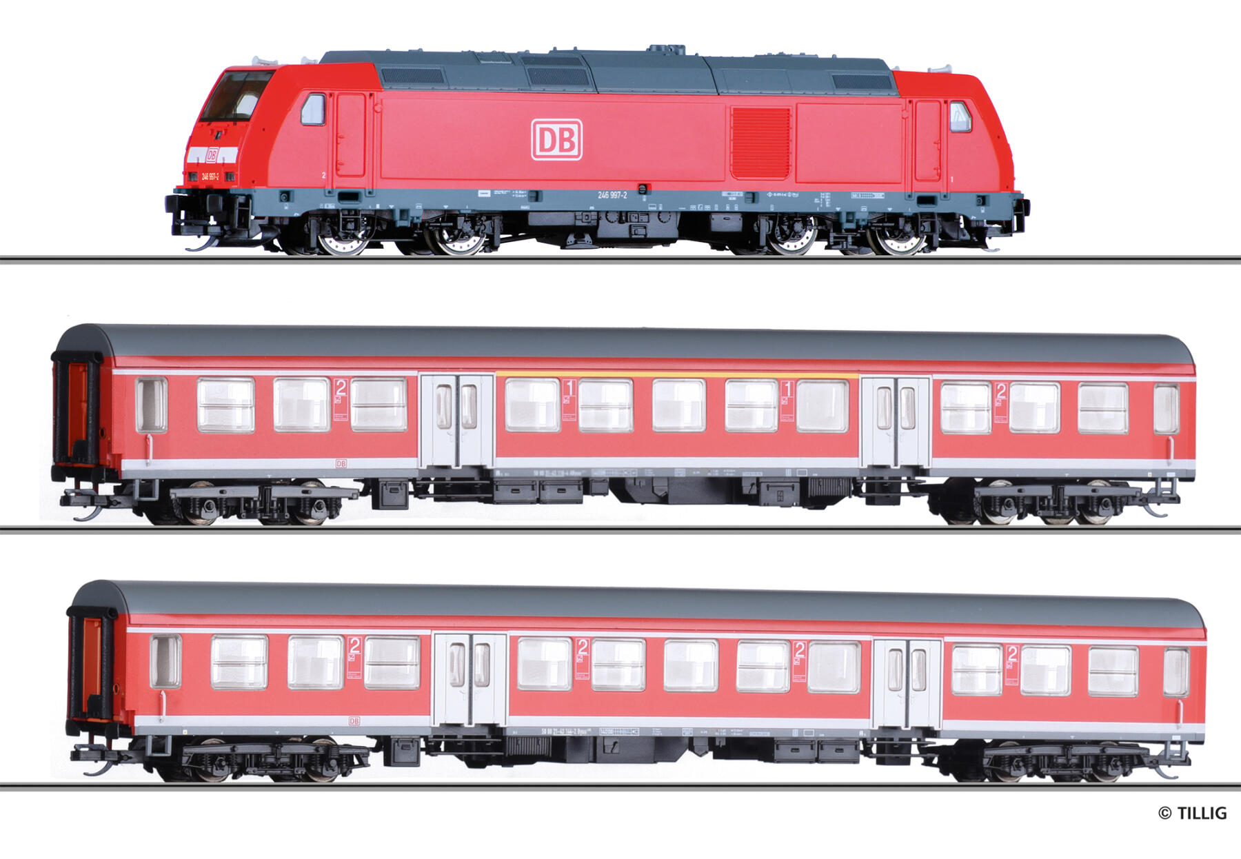 Tillig 01505 TT Einsteiger-Set: Reisezug der DB AG, bestehend aus Diesellokomotive „TRAXX“ und zwei Reisezugwagen